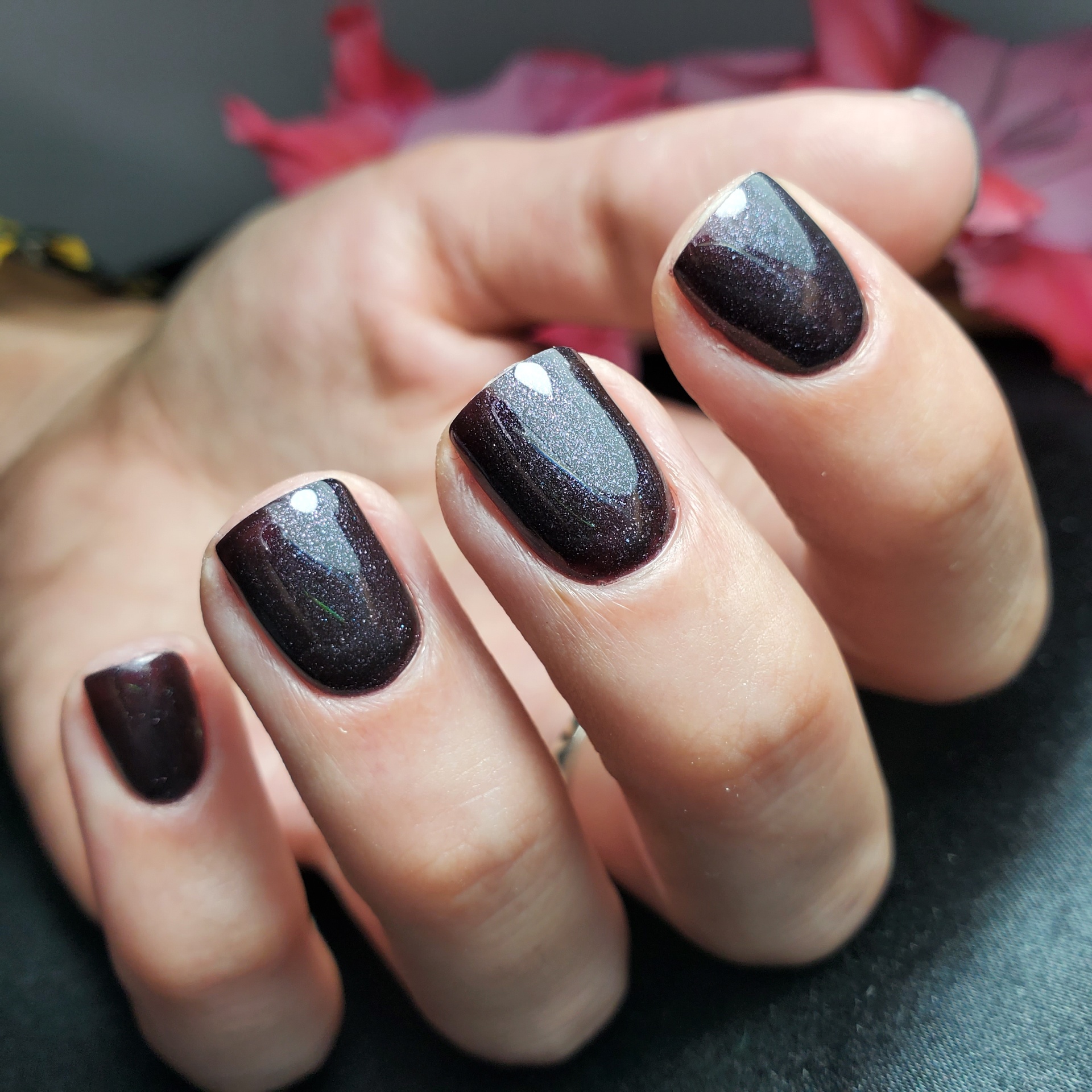 Deep burgundy shimmer manicure