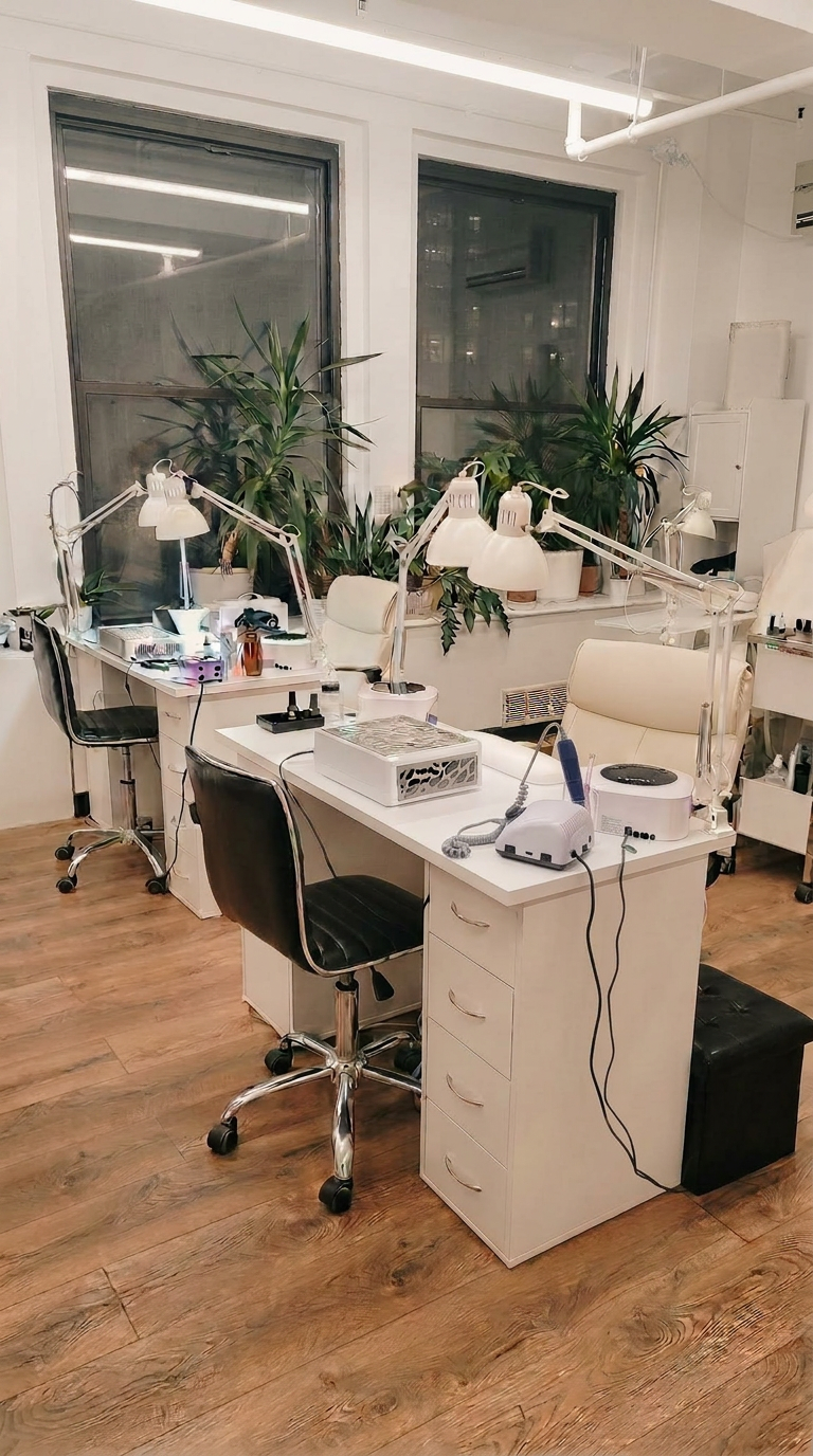 Sunlit manicure workstation by the windows surrounded by greenery