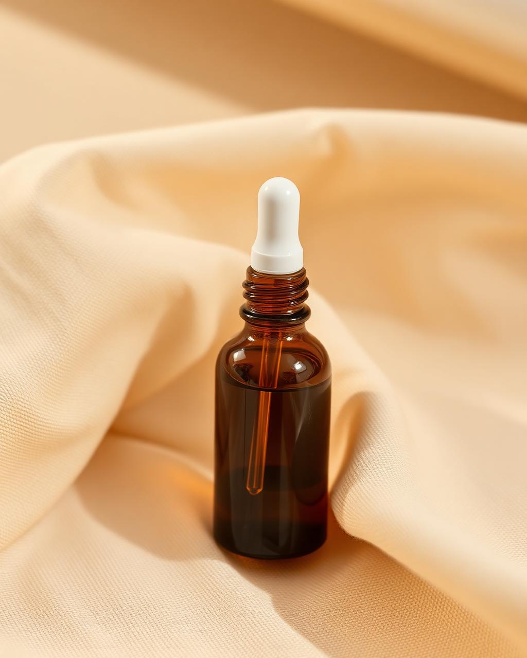 Amber glass dropper bottle of restorative cuticle oil on cream linen