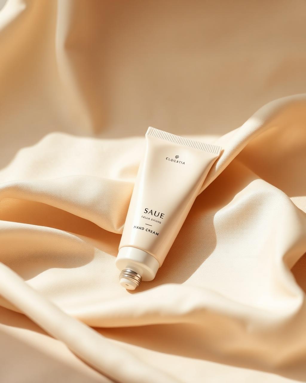 Soft beige tube of Le Quiet hand cream resting on silk