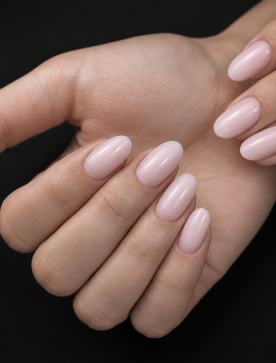 Soft pink almond Russian manicure on a dark background