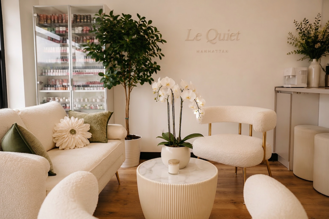Le Quiet Manhattan waiting area with bouclé sofa, orchids and a wall of polish